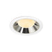 Recessed ceiling light fixture with a chrome finish, white metal trim, and warm LED bulb, designed for flush mounting.