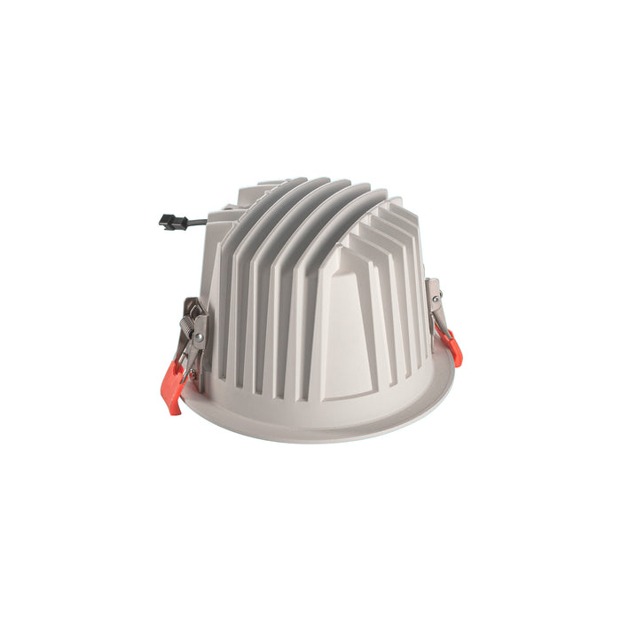 Recessed LED downlight, aluminum with white finish, featuring spring clip mounting.