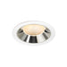 Recessed ceiling light fixture with a chrome finish, white trim, and honeycomb lens, designed for easy mounting in various ceiling types.