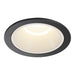 Recessed ceiling light fixture, metal with black finish, white trim, and warm light.