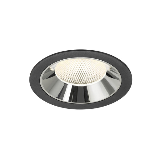 Recessed ceiling light fixture with a black finish, chrome reflector, and a textured lens for even illumination.