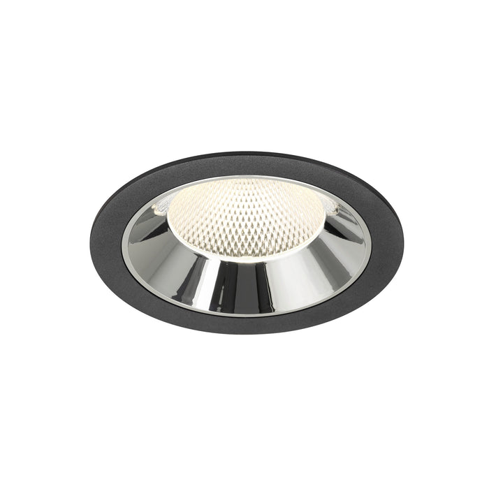 Recessed ceiling light fixture with a black finish, chrome reflector, and a textured lens for even illumination.