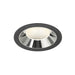 Recessed ceiling light fixture with a black finish, chrome reflector, and a textured lens for even illumination.