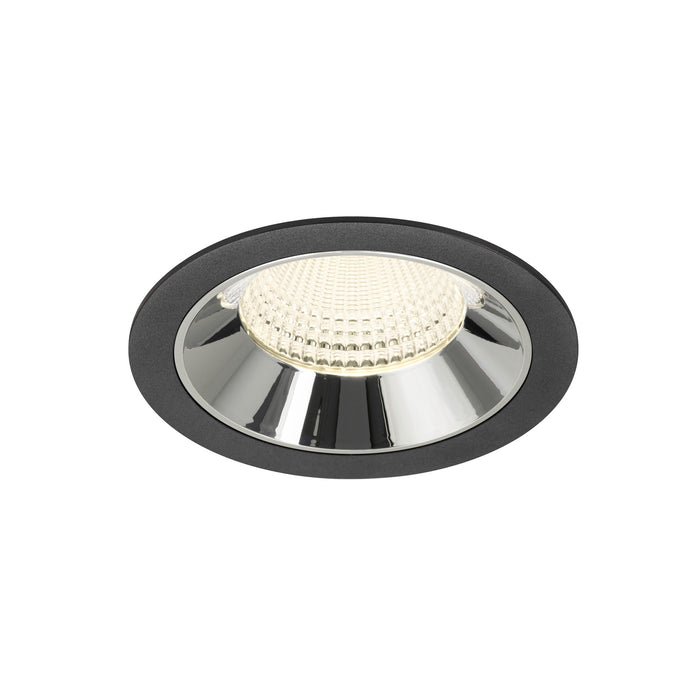 Recessed ceiling light fixture with a black finish, chrome reflector, and clear lens for modern lighting solutions.