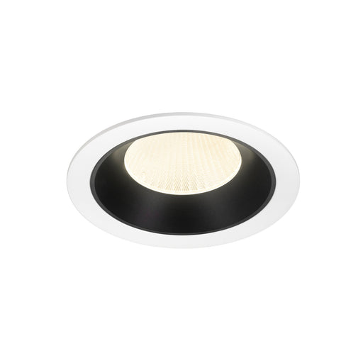 Recessed ceiling light fixture with a white metal trim, black interior, and a textured glass lens, designed for flush mounting.