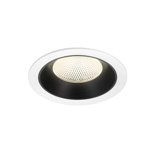 Recessed ceiling light fixture with a white and black finish, featuring a textured glass lens and designed for flush mounting.