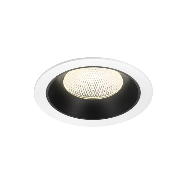 Recessed ceiling light fixture with a white and black finish, featuring a textured glass lens and designed for flush mounting.