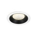 Recessed ceiling light fixture with a white and black finish, featuring a textured glass lens and designed for flush mounting.