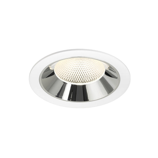 Recessed ceiling light fixture with a chrome finish, white trim, and a honeycomb lens, designed for flush mounting in modern interiors.