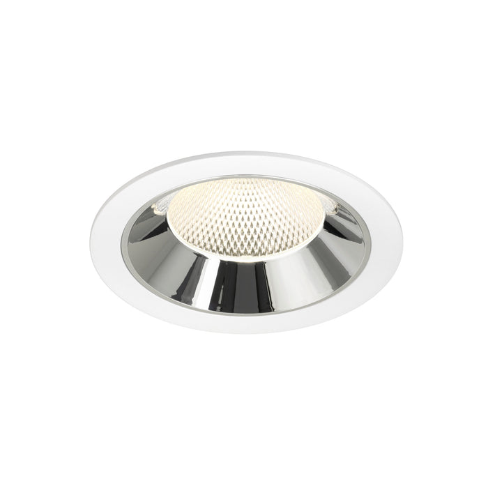Recessed ceiling light fixture with a chrome finish, white trim, and a honeycomb lens, designed for flush mounting in modern interiors.