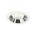 Recessed ceiling light fixture with a chrome finish, white trim, and a honeycomb lens, designed for flush mounting in modern interiors.