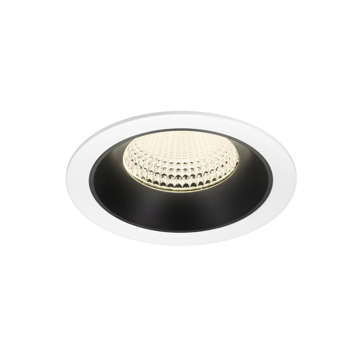 Recessed ceiling light fixture with a glass lens, black interior, white trim, and modern design suitable for various indoor settings.
