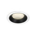 Recessed ceiling light fixture with a glass lens, black interior, white trim, and modern design suitable for various indoor settings.