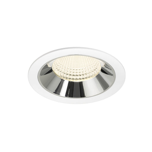 Recessed ceiling light fixture made of metal with a chrome finish and white trim, featuring a clear lens for focused illumination.