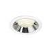 Recessed ceiling light fixture made of metal with a chrome finish and white trim, featuring a clear lens for focused illumination.