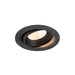 Recessed ceiling light fixture, black finish, adjustable spotlight.