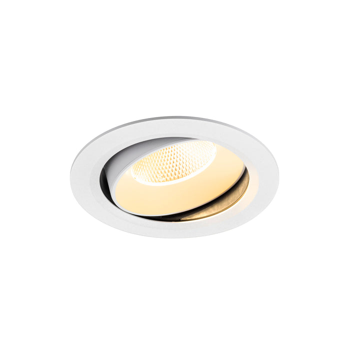 White recessed ceiling light fixture with adjustable LED bulb.