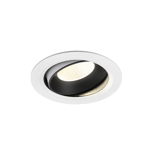 Recessed ceiling light fixture with a black and white finish, made of metal, featuring a honeycomb lens for even light distribution.