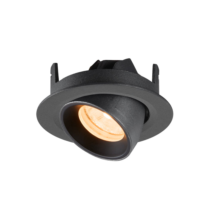 Black recessed ceiling light fixture, adjustable angle, textured finish.