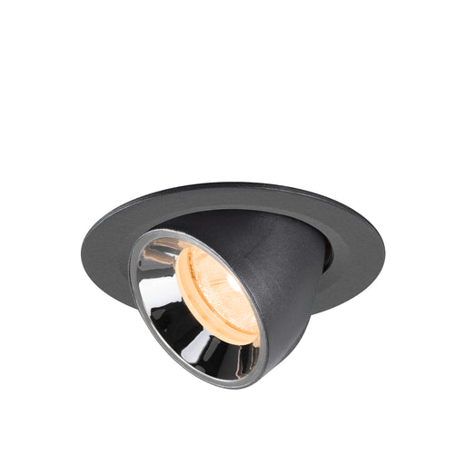 Recessed spotlight in black metal with a chrome finish, featuring a warm light bulb, designed for ceiling mounting.