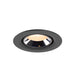 Recessed ceiling light fixture in black metal with a polished chrome interior, designed for flush mounting and providing warm illumination.