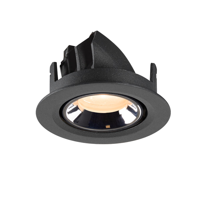 Recessed downlight in black metal finish with a reflective chrome interior, designed for ceiling mounting.
