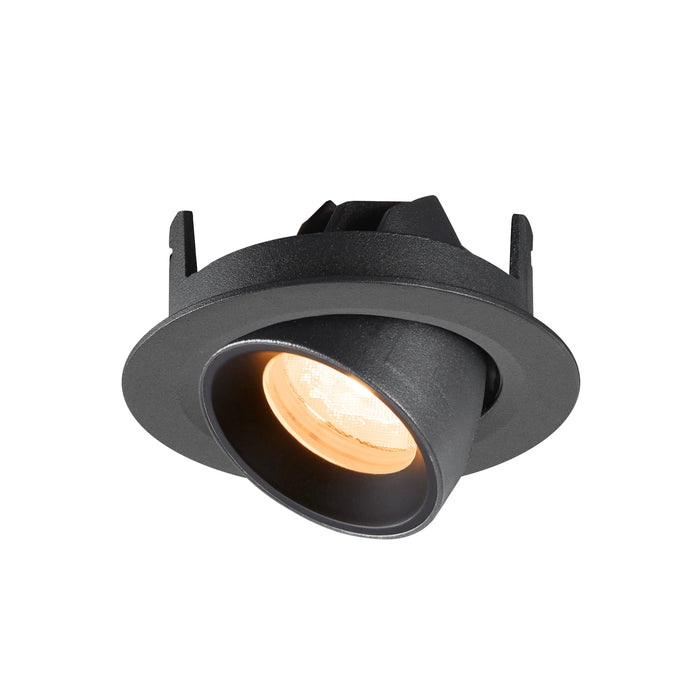 Black recessed ceiling light fixture with adjustable head and textured finish.