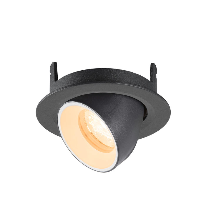 Black recessed ceiling light fixture, adjustable angle, textured finish.