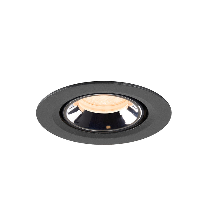 Recessed ceiling light fixture in black metal finish with a polished reflector and warm white LED bulb.
