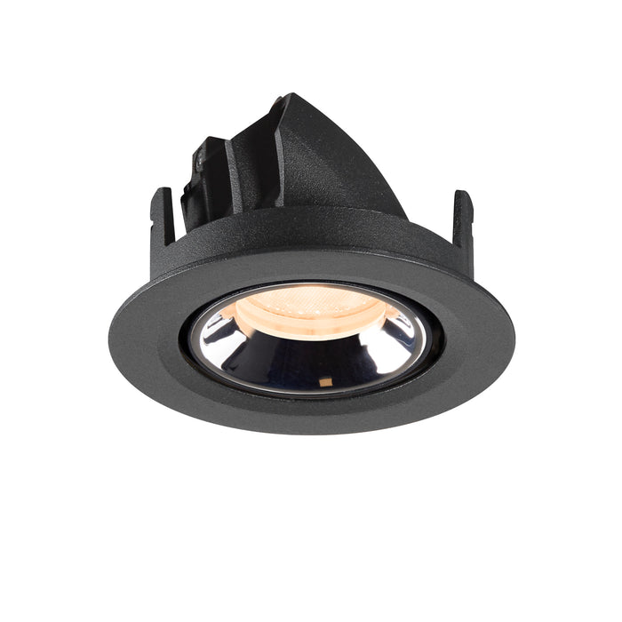 Black recessed spotlight with a metallic finish and a warm light source, designed for ceiling mounting.