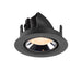 Black recessed spotlight with a metallic finish and a warm light source, designed for ceiling mounting.