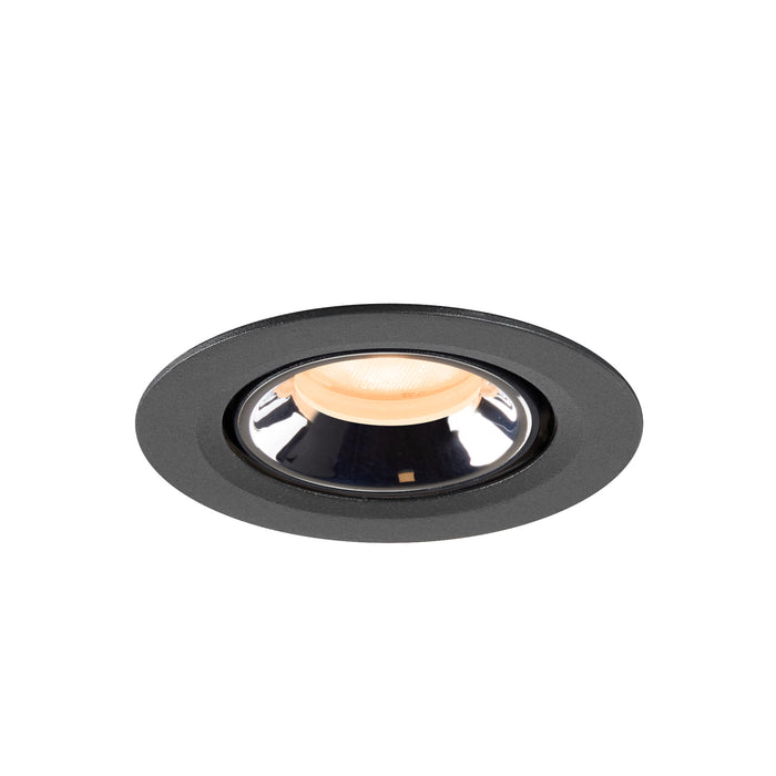 Recessed ceiling light fixture in black metal finish with a polished reflector and warm white LED bulb, designed for flush mounting.