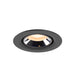 Recessed ceiling light fixture in black metal finish with a polished reflector and warm white LED bulb, designed for flush mounting.