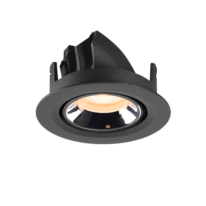 Black recessed spotlight made of metal with a polished chrome reflector and warm white LED light source, designed for ceiling mounting.