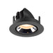 Black recessed spotlight made of metal with a polished chrome reflector and warm white LED light source, designed for ceiling mounting.