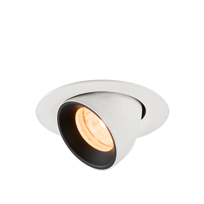 Recessed spotlight made of metal with a textured white finish and black interior, designed for ceiling mounting.