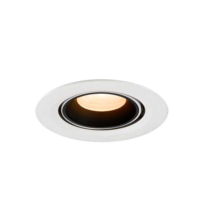 Recessed ceiling light fixture in white metal with a matte finish, featuring a warm LED bulb and a round design for flush mounting.