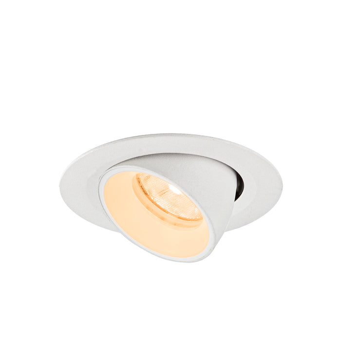 White recessed ceiling light fixture with adjustable head.
