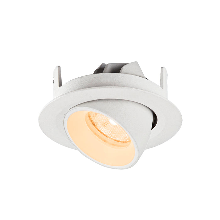 White recessed ceiling light fixture, adjustable angle, textured finish.