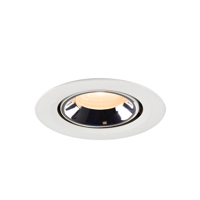 Recessed ceiling light fixture made of metal with a polished chrome finish and white trim, designed for easy mounting in various settings.