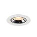Recessed ceiling light fixture made of metal with a polished chrome finish and white trim, designed for easy mounting in various settings.