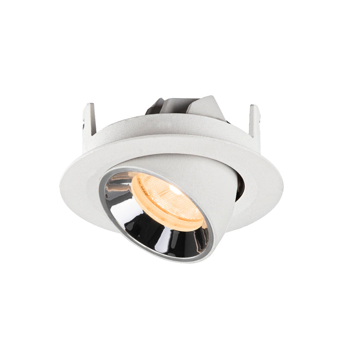 Recessed spotlight in white metal finish with a reflective chrome interior, designed for ceiling mounting and featuring a warm light bulb.