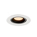 Recessed ceiling light fixture in white metal finish with a warm amber bulb and black interior for modern lighting solutions.