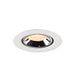 Recessed ceiling light fixture in polished chrome finish with a white trim, featuring a warm LED bulb for ambient lighting.