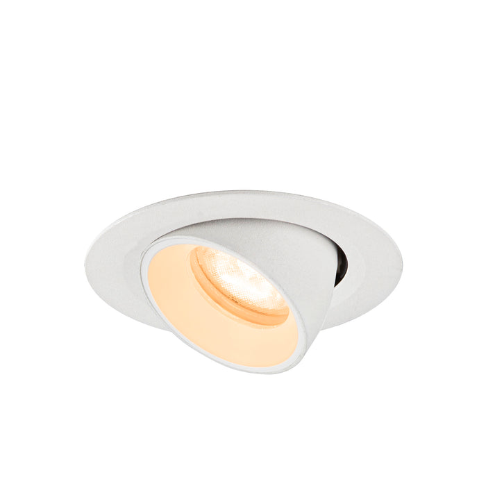 White recessed ceiling light fixture with adjustable spotlight.