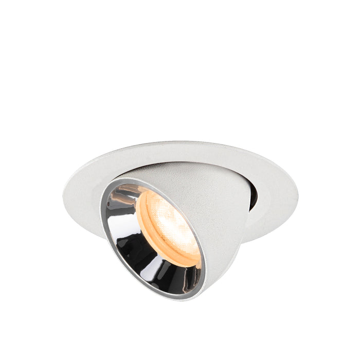 Recessed spotlight made of metal with a textured white finish and a reflective chrome interior, designed for ceiling mounting.