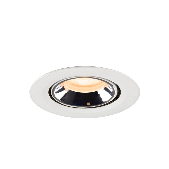 Recessed ceiling light fixture made of metal with a polished chrome finish and a warm white LED bulb, designed for flush mounting.