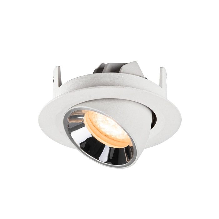 Recessed spotlight in white metal finish with a reflective chrome interior, designed for ceiling mounting and featuring a warm LED bulb.
