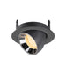 Black recessed spotlight with a metallic finish and a warm white bulb, designed for ceiling mounting.