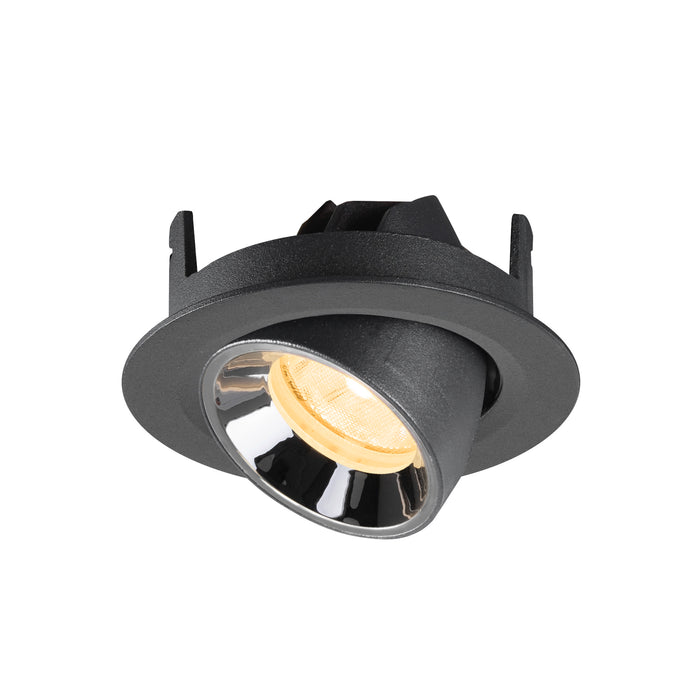 Recessed spotlight in black metal finish with a reflective chrome interior, designed for ceiling mounting and featuring warm LED lighting.